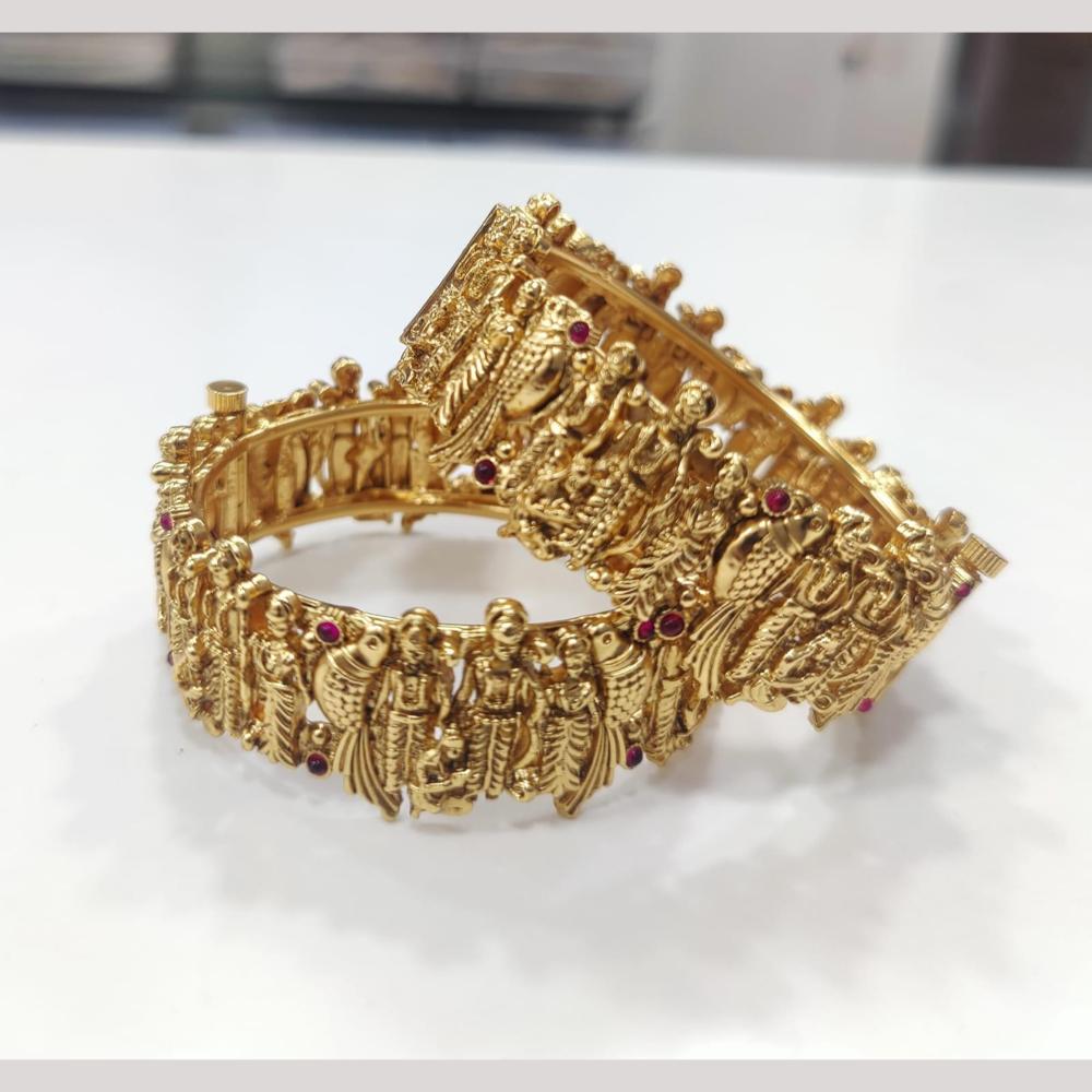 FS Collection Gold Plated Pota Stone And Temple Openable Bangles Set