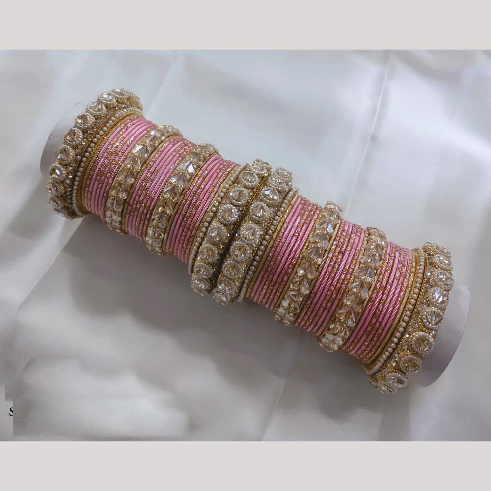 FS Collection Gold Plated Crystal Stone And Pearl Metal Bangles Set