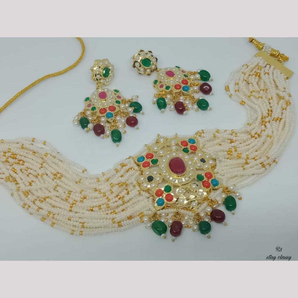 FS Collection Authentic Gold Plated Pota Stone Pearl And Beads Choker Necklace Set