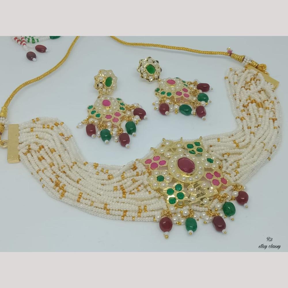 FS Collection Authentic Gold Plated Pota Stone Pearl And Beads Choker Necklace Set