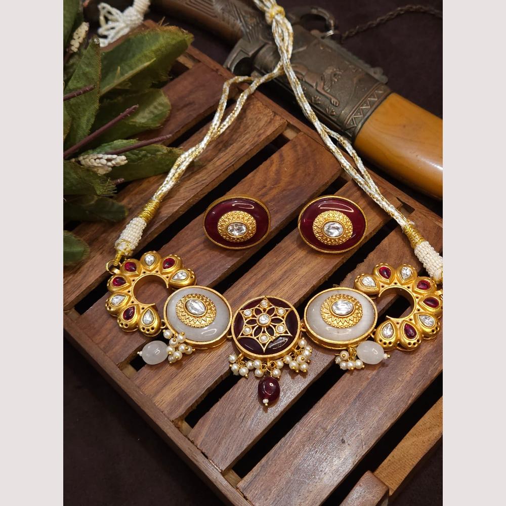 FS Collection Royal Gold Plated Kundan & Pearl Choker Necklace Set
