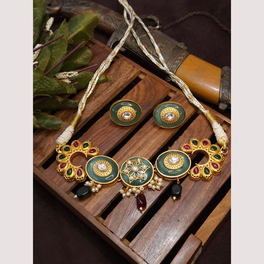 FS Collection Royal Gold Plated Kundan & Pearl Choker Necklace Set