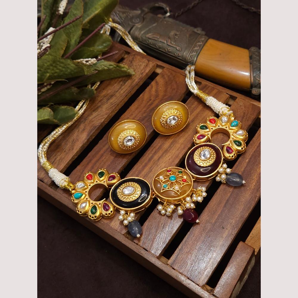 FS Collection Royal Gold Plated Kundan & Pearl Choker Necklace Set