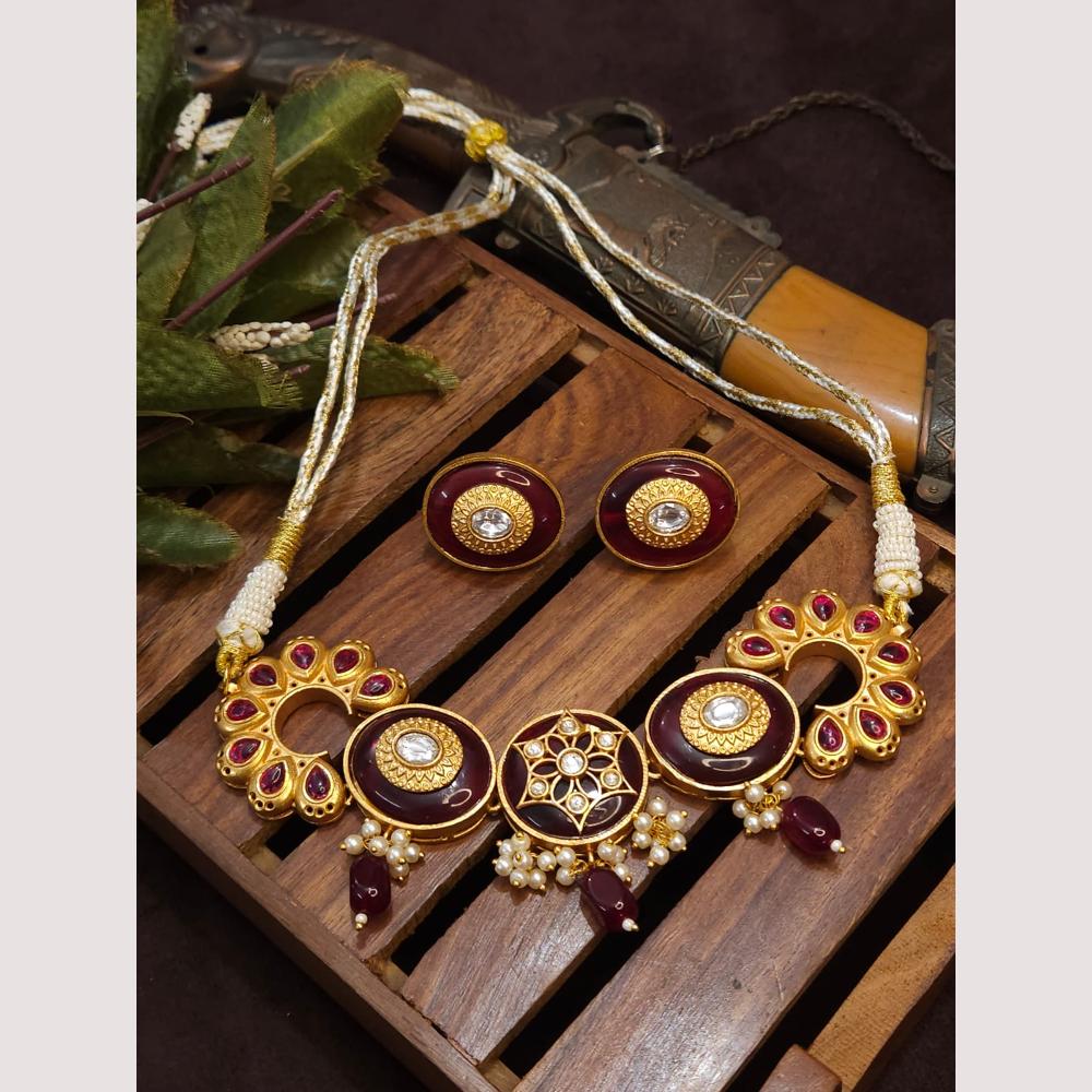 FS Collection Royal Gold Plated Kundan & Pearl Choker Necklace Set