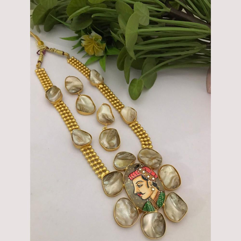 FS Collection Regal Gold Plated  with Elegant Mother of Pearl Touch Long Necklace Set