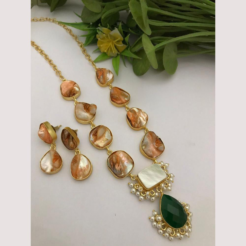 FS Collection Regal Gold Plated  with Elegant Mother of Pearl Touch Long Necklace Set