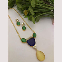 FS Collection Elegant Gold Plated Emerald Gemstone Long Necklace Set