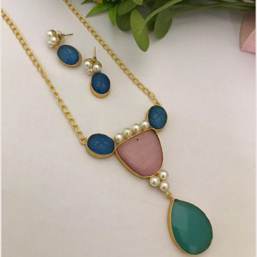 FS Collection Elegant Gold Plated Emerald Gemstone Long Necklace Set