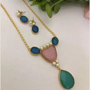 FS Collection Elegant Gold Plated Emerald Gemstone Long Necklace Set