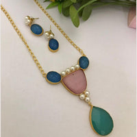 FS Collection Elegant Gold Plated Emerald Gemstone Long Necklace Set