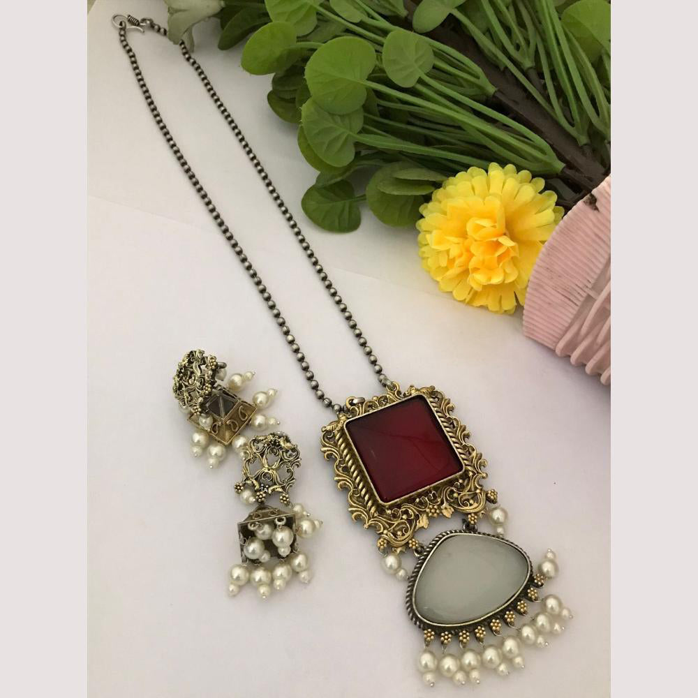 FS Collection Elegant 2 Tone Plated Crystal And Pearl Long Necklace Set