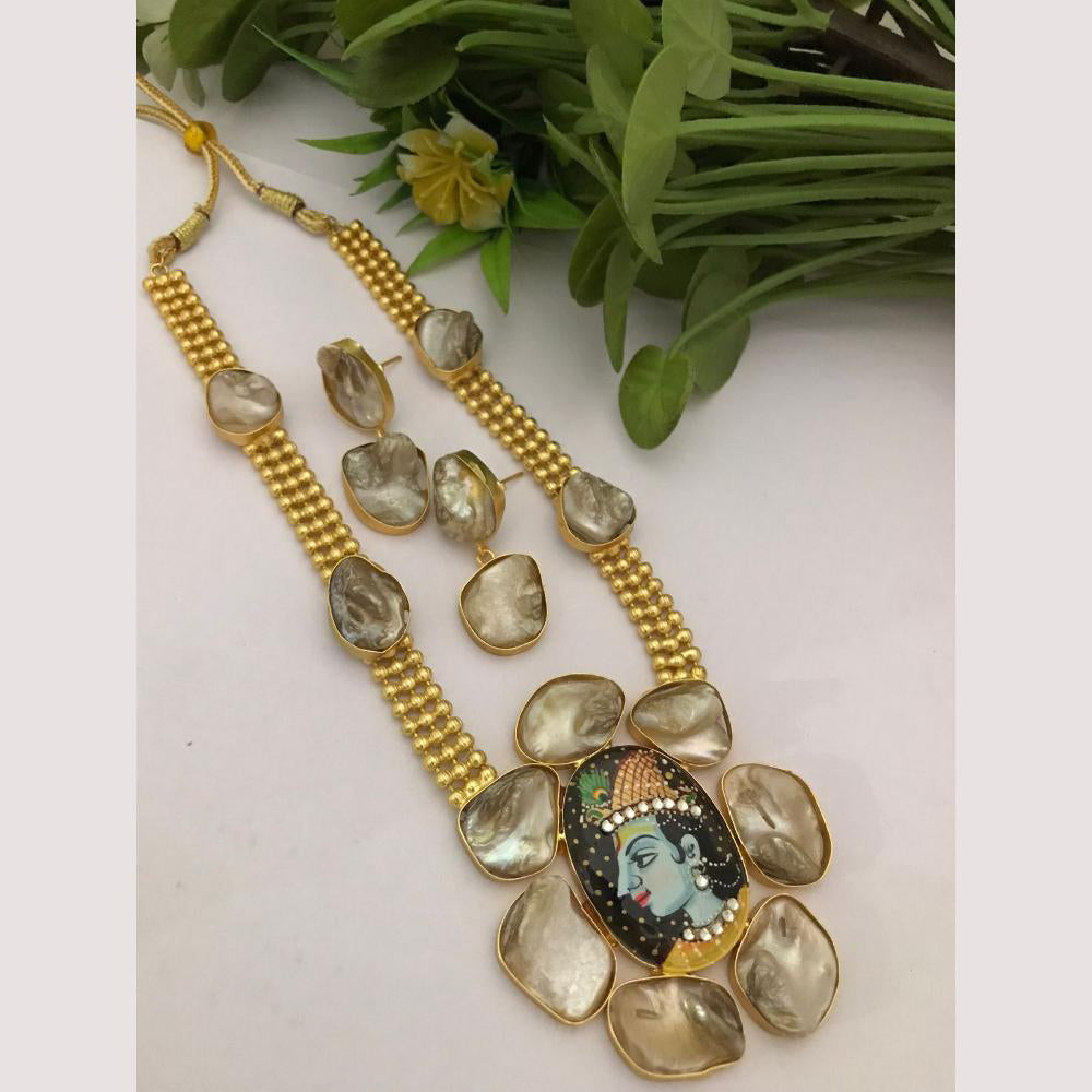 FS Collection Regal Gold Plated  with Elegant Mother of Pearl Touch Long Necklace Set