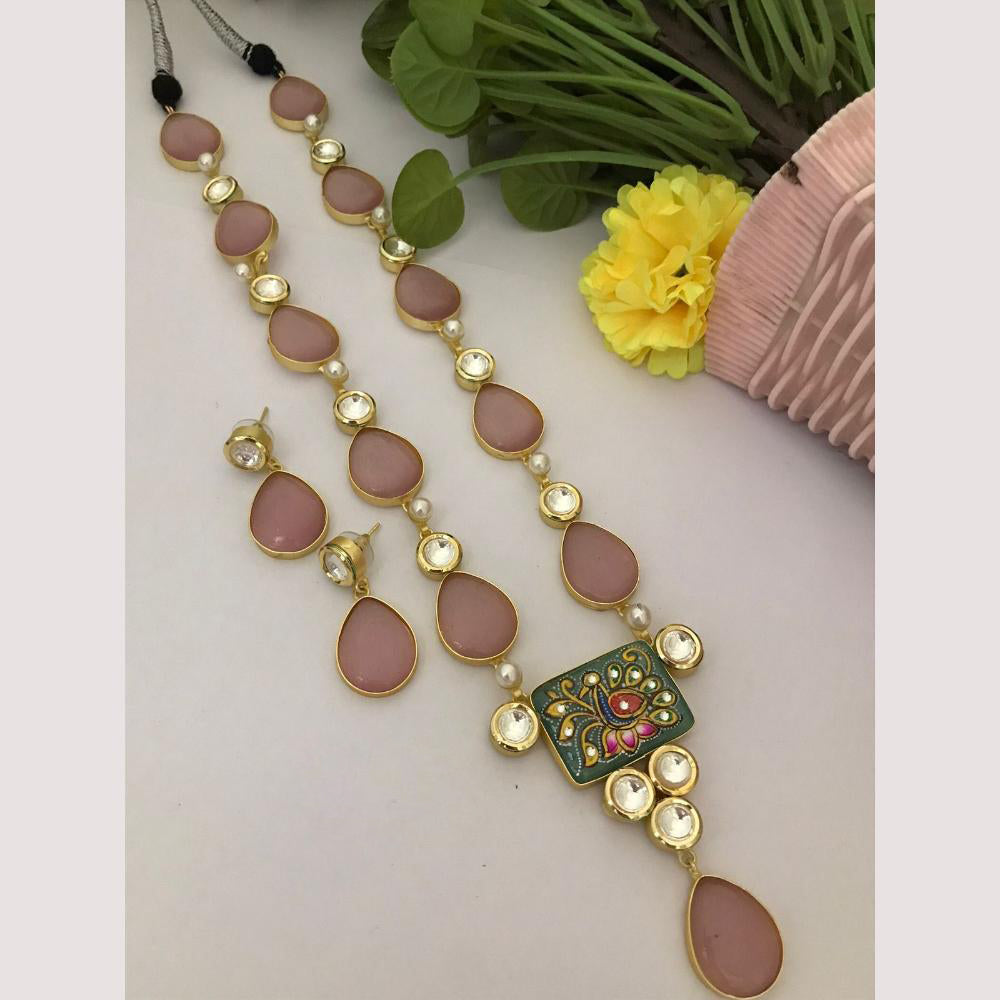 FS Collection Elegant Gold Plated Emerald Gemstone Long Necklace Set