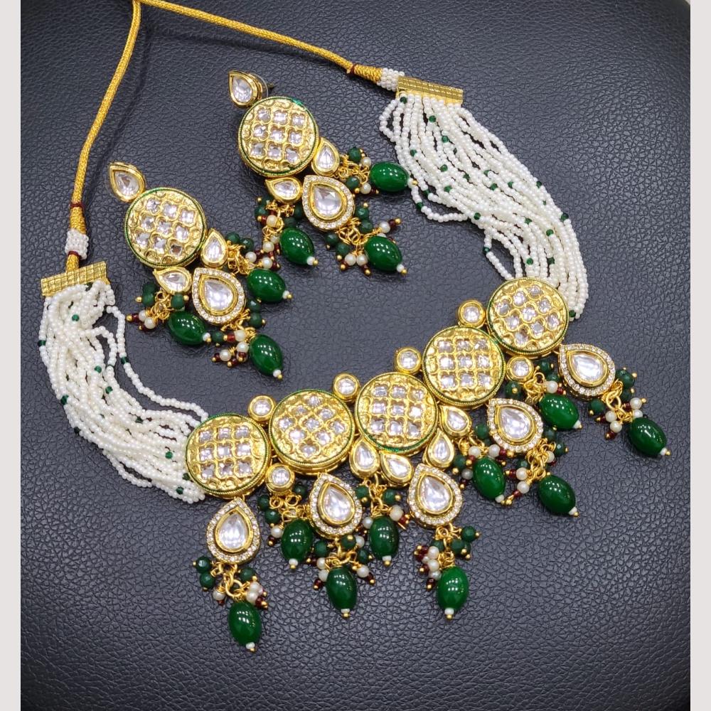 FS Collection Gold Plated Kundan Stone Pearl And Beads Choker Necklace Set