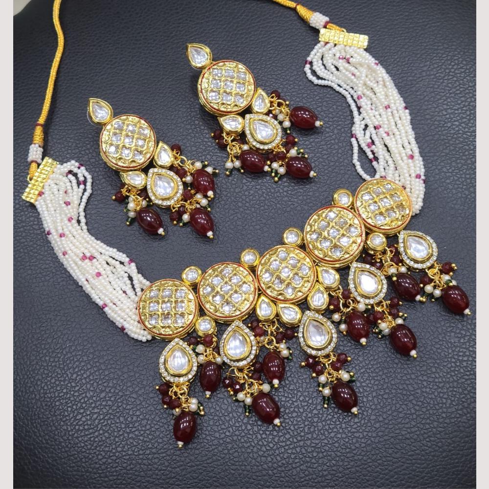 FS Collection Gold Plated Kundan Stone Pearl And Beads Choker Necklace Set