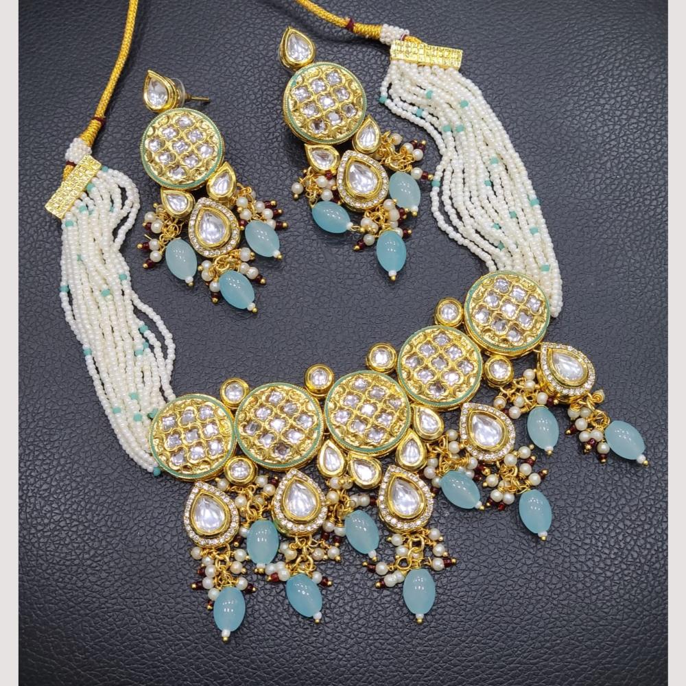 FS Collection Gold Plated Kundan Stone Pearl And Beads Choker Necklace Set