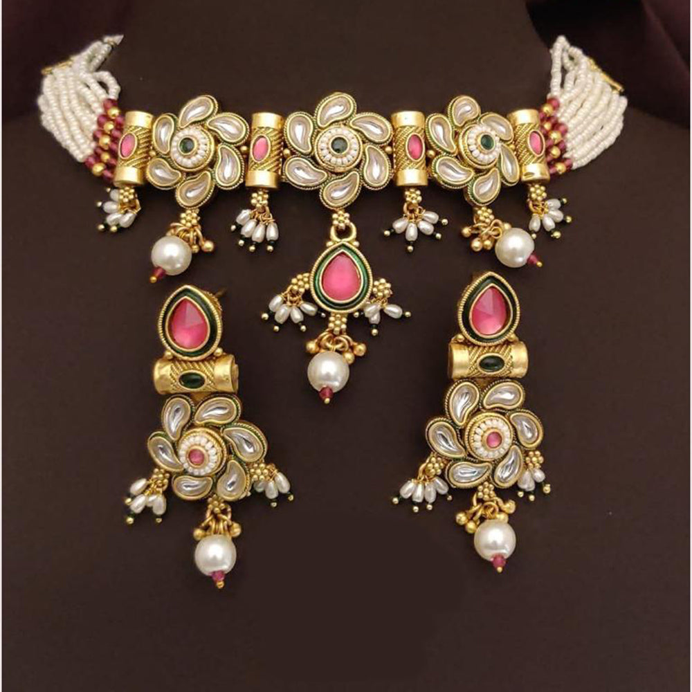 FS Collection Gold Plated Kundan Stone Pearl And Beads Choker Necklace Set