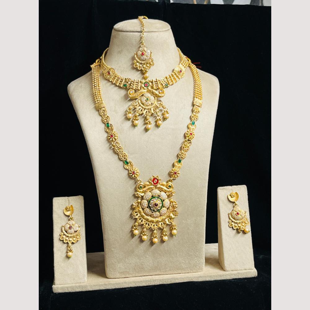 FS Collection Gold Finish Pota And Pearl Traditional Meenakari Double Necklace Set