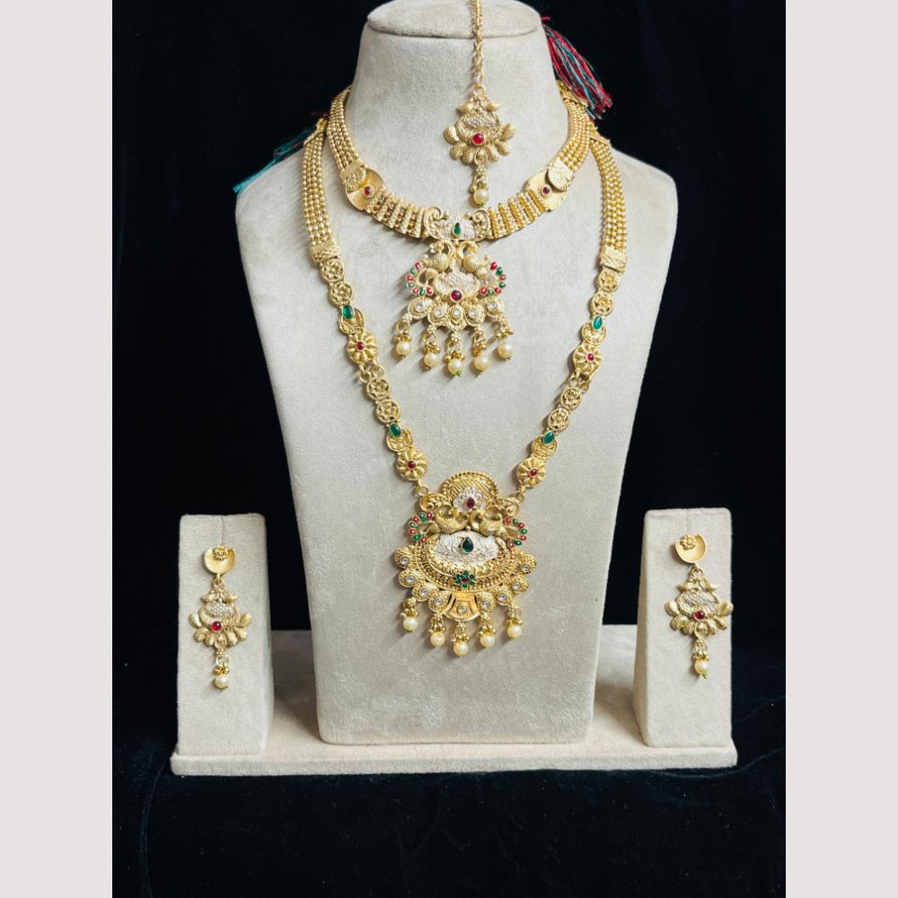 FS Collection Gold Finish Pota And Pearl Traditional Meenakari Double Necklace Set