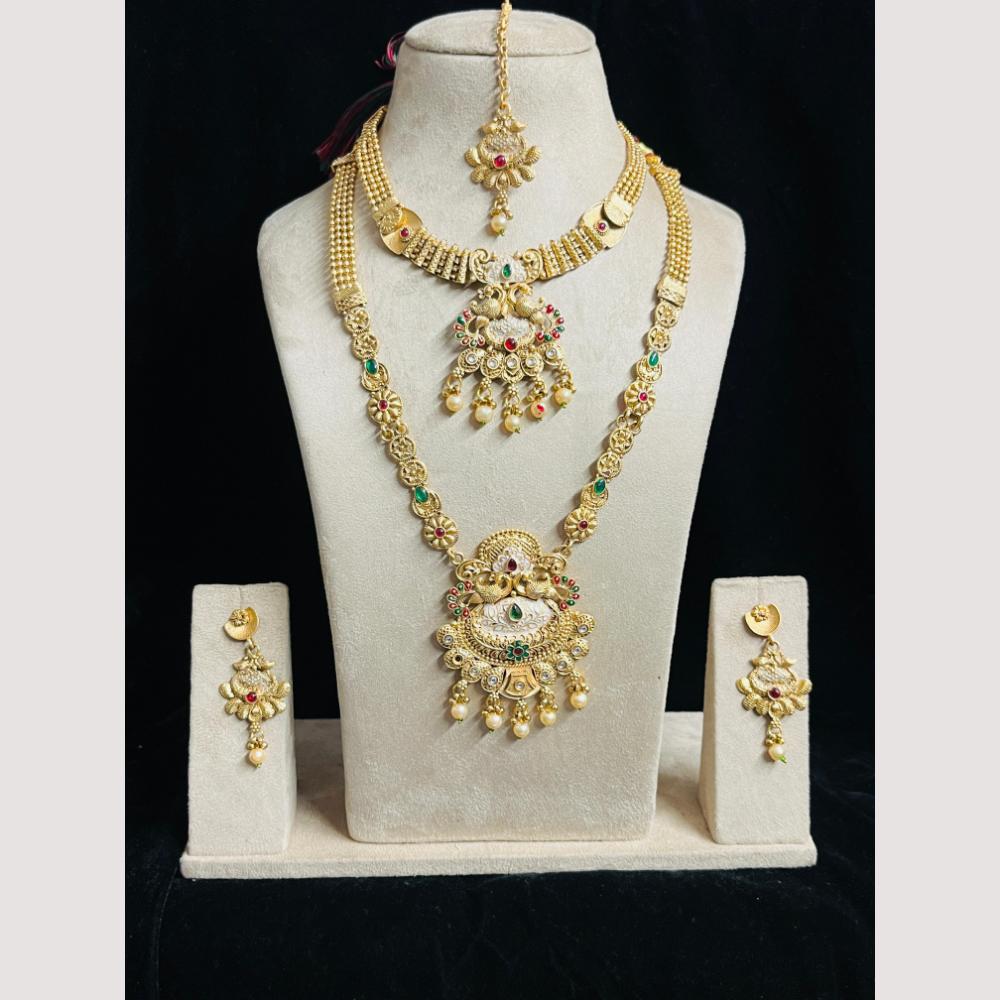 FS Collection Gold Finish Pota And Pearl Traditional Meenakari Double Necklace Set