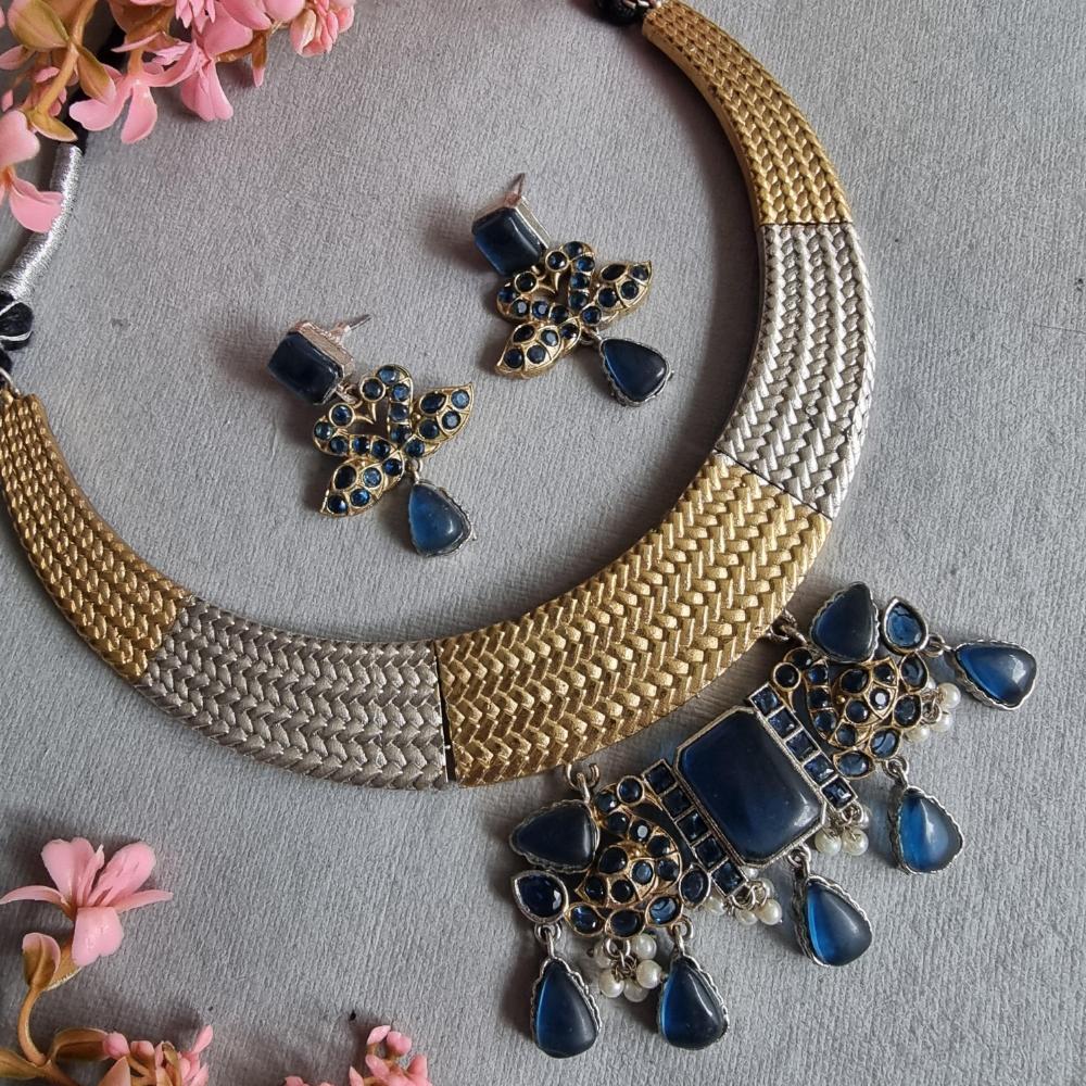 FS Collection 2 Tone Plated Pota Stone Necklace Set
