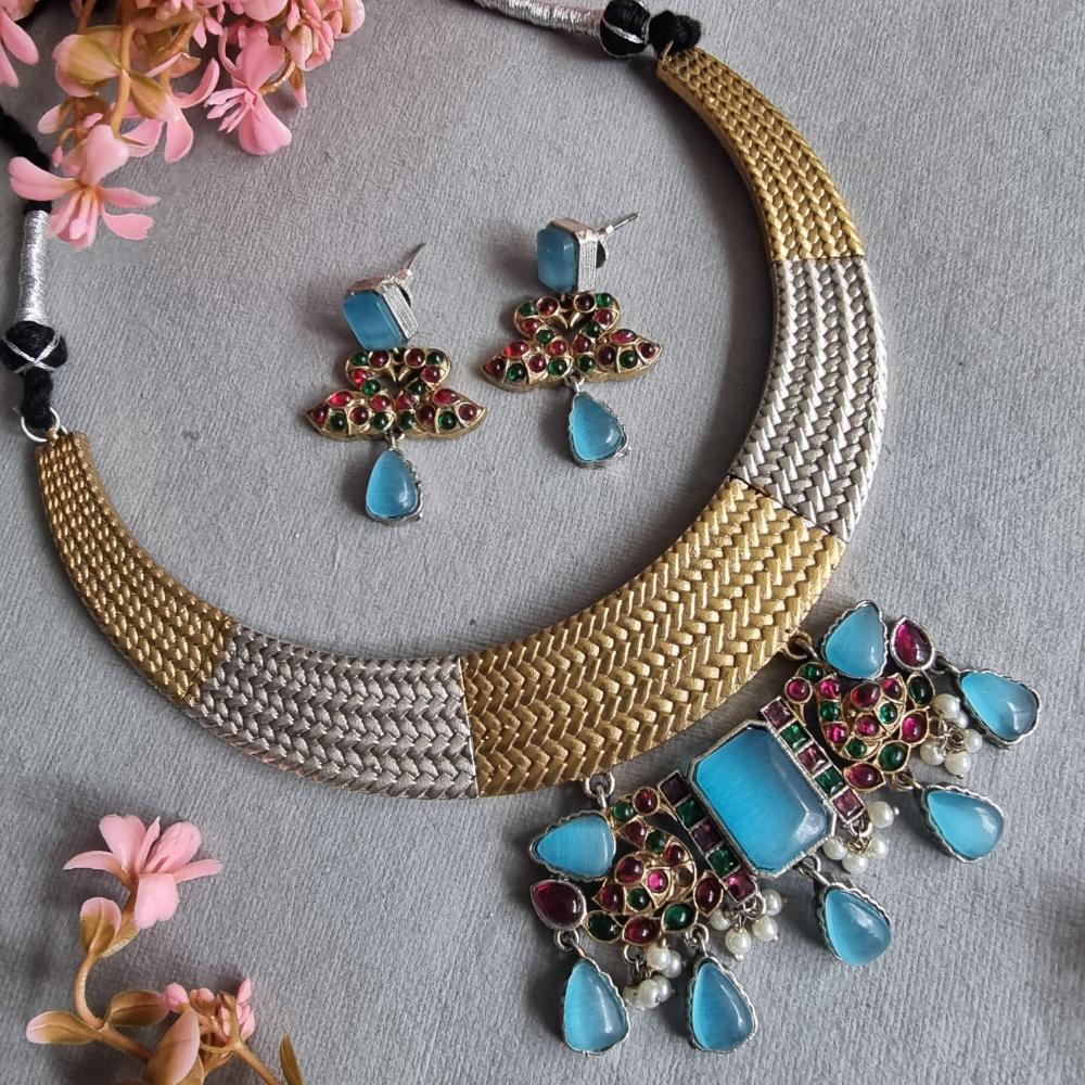 FS Collection 2 Tone Plated Pota Stone Necklace Set