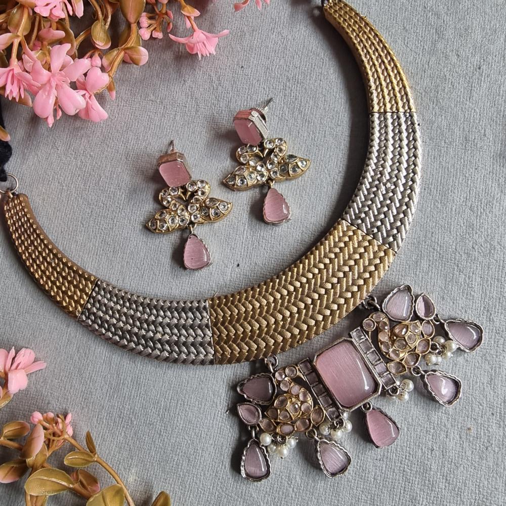 FS Collection 2 Tone Plated Pota Stone Necklace Set
