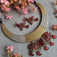 FS Collection 2 Tone Plated Pota Stone Necklace Set