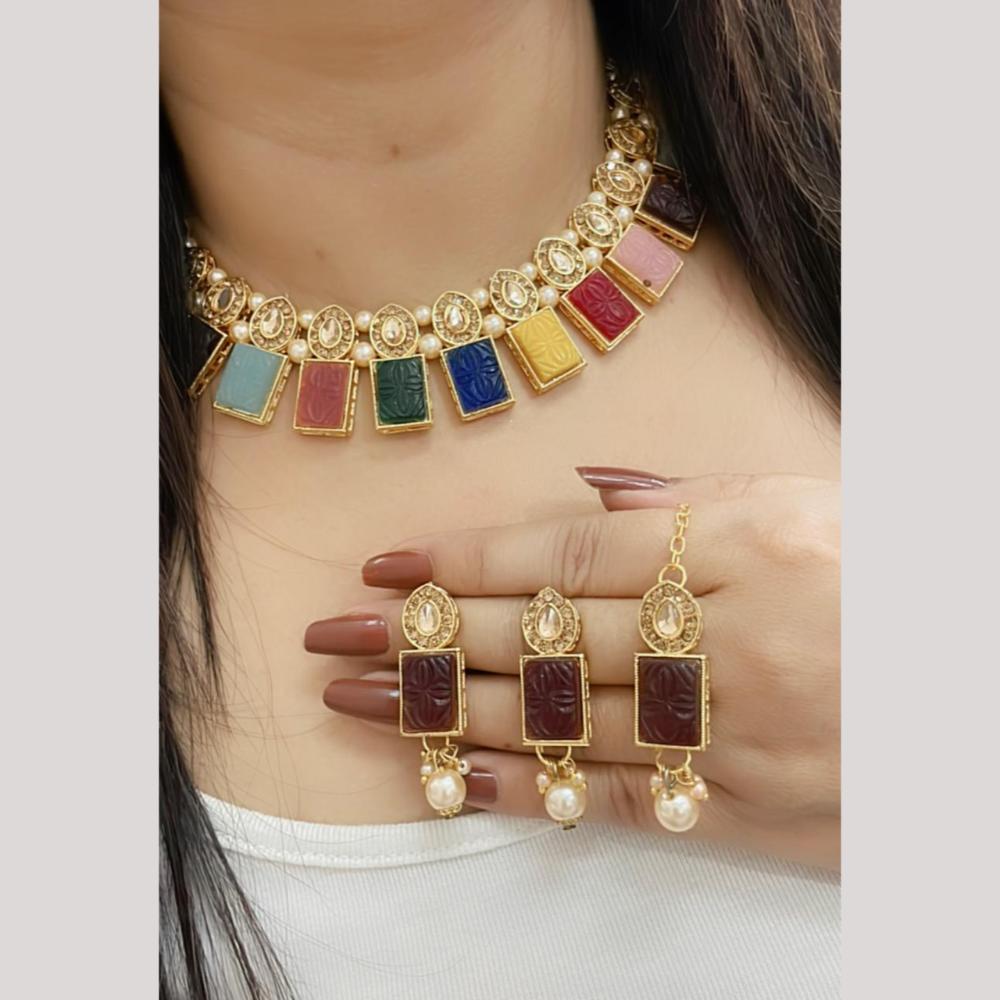 FS Collection Gold Plated Pota Stone And Beads Necklace Set