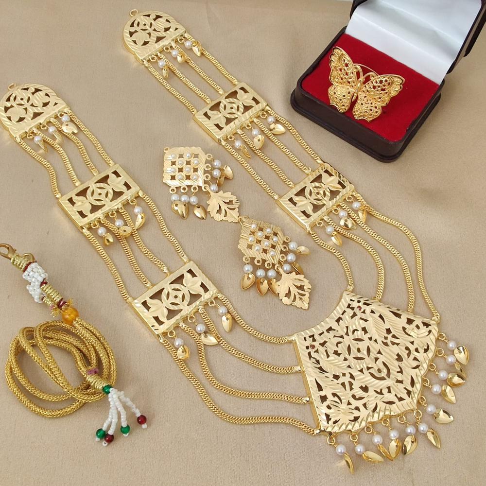 FS Collection Gold Plated Pearl Necklace Set With Ring