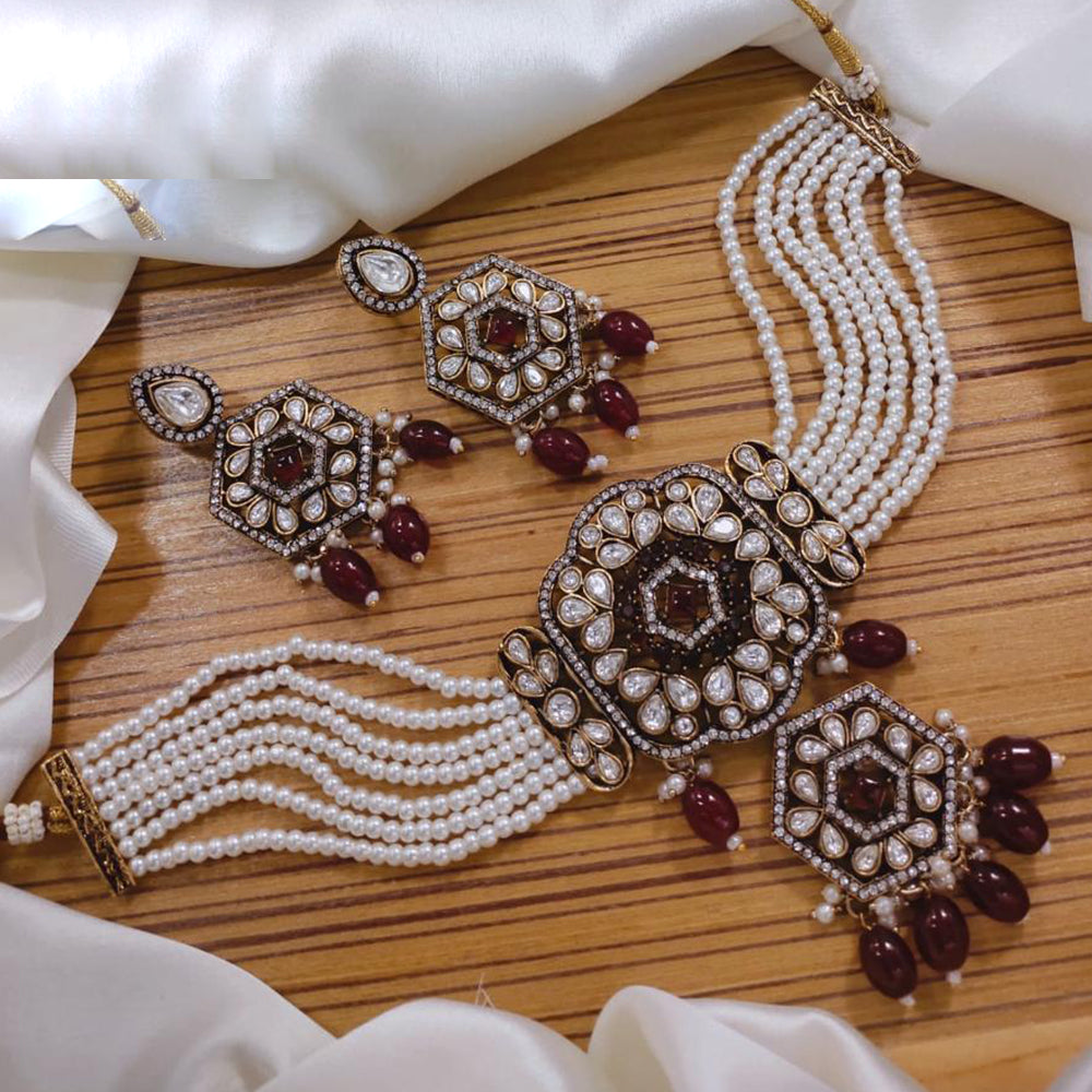 FS Collection Royal Gold Plated Kundan & Pearl Choker Necklace Set