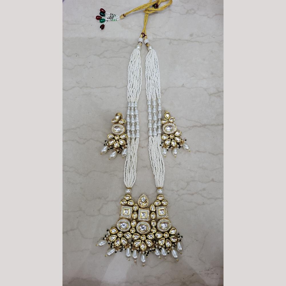 FS Collection Gold Plated Kundan & Pearl Long Necklace Set