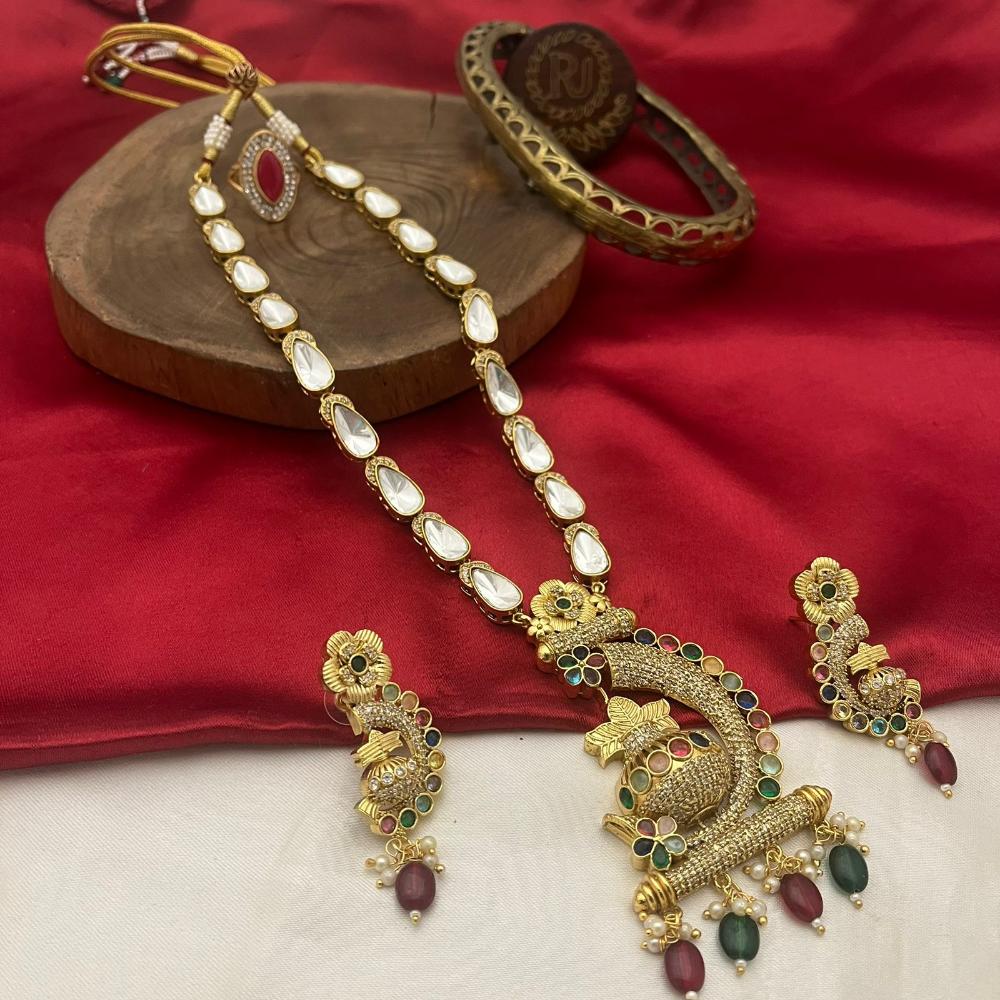 FS Collection Kundan Stone And Beads Long Necklace Set