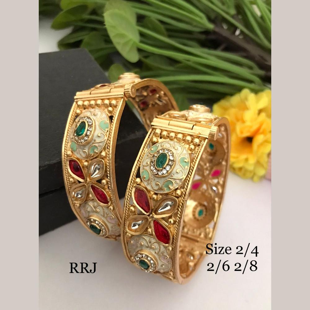 FS Collection Gold Plated Pota Stone And Meenakari Openable Bangle Set