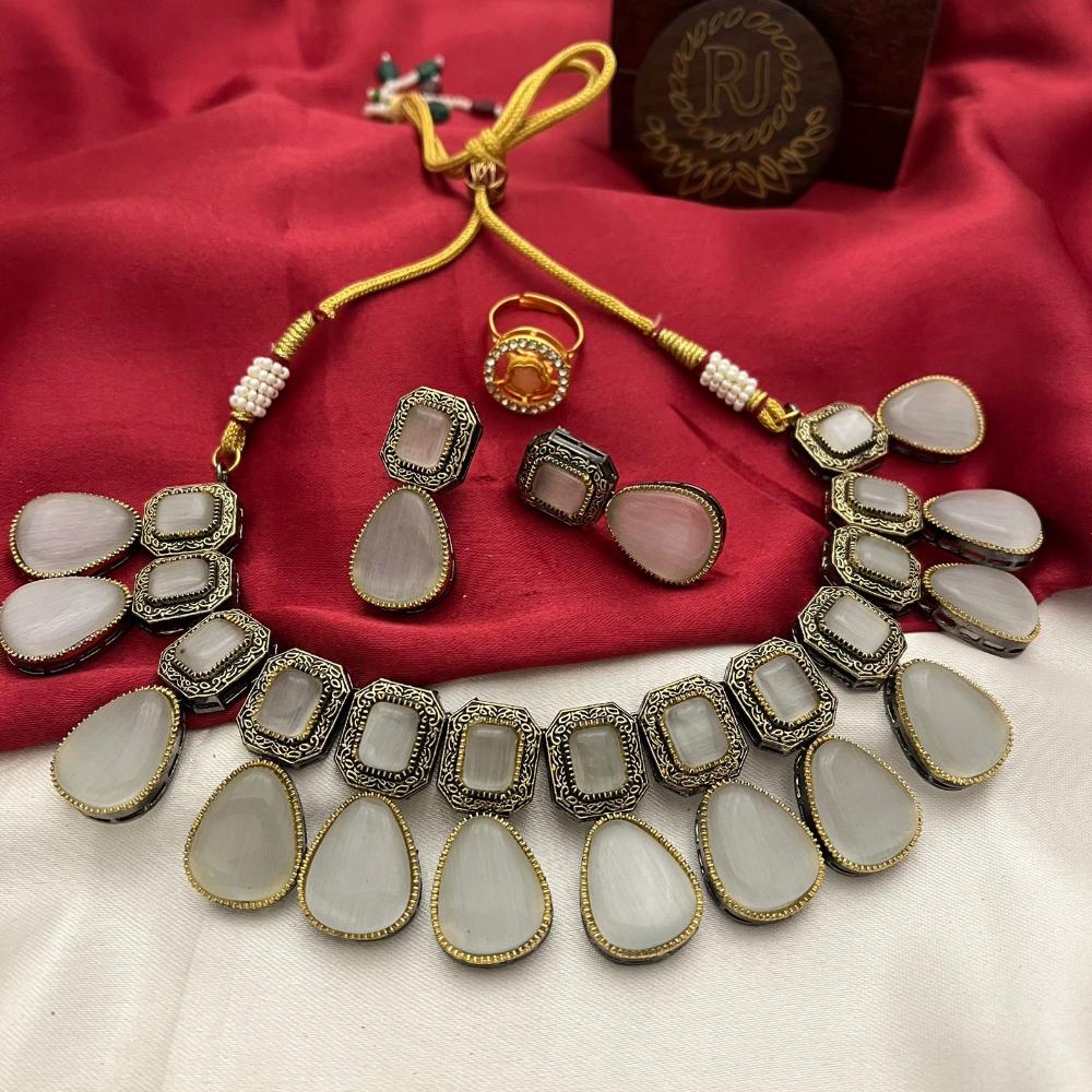 FS Collection Oxidised Plated Pota Stone Necklace Set