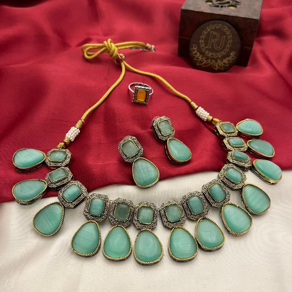 FS Collection Oxidised Plated Pota Stone Necklace Set