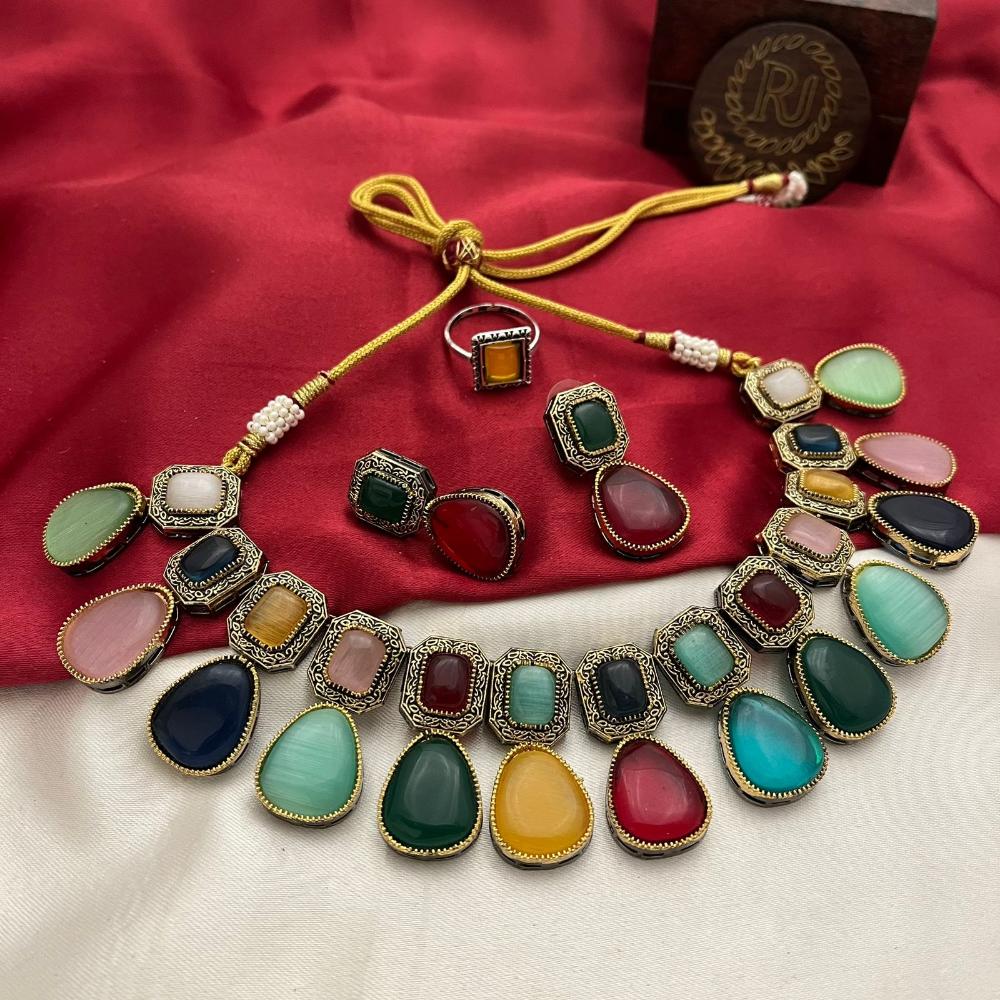 FS Collection Oxidised Plated Pota Stone Necklace Set