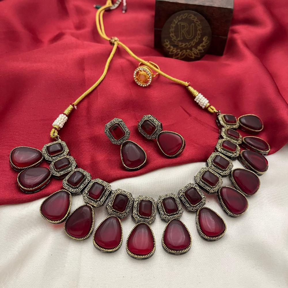 FS Collection Oxidised Plated Pota Stone Necklace Set