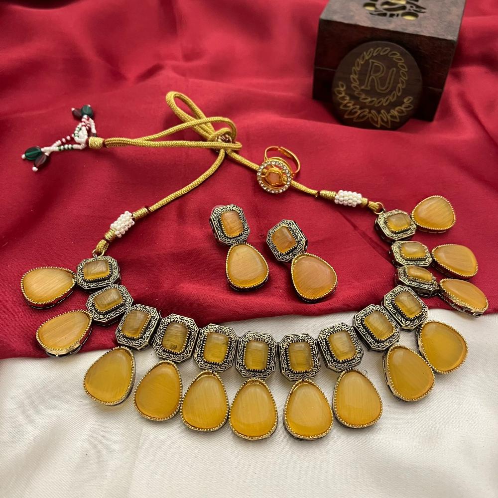 FS Collection Oxidised Plated Pota Stone Necklace Set