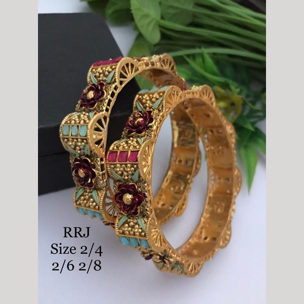 FS Collection Gold Plated Pota Stone And Meenakari Bangle Set