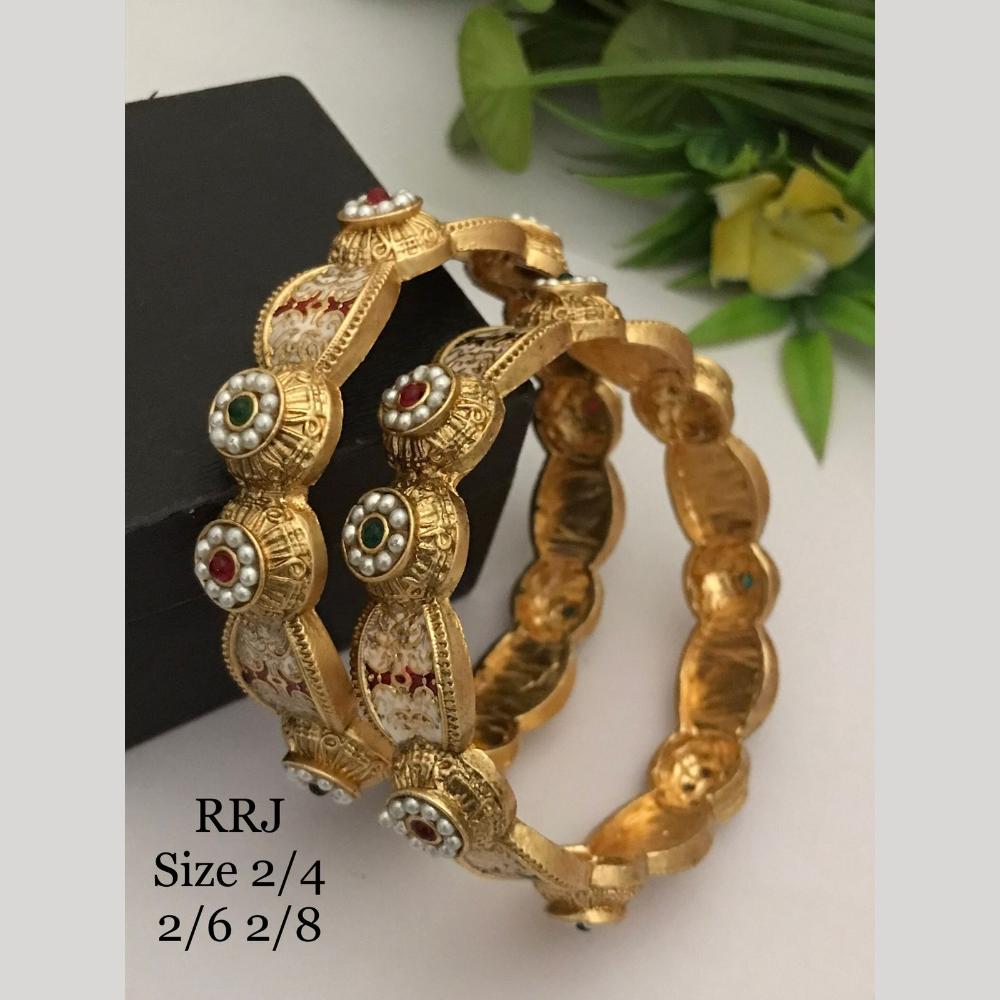 FS Collection Gold Plated Pota Stone And Meenakari Bangle Set