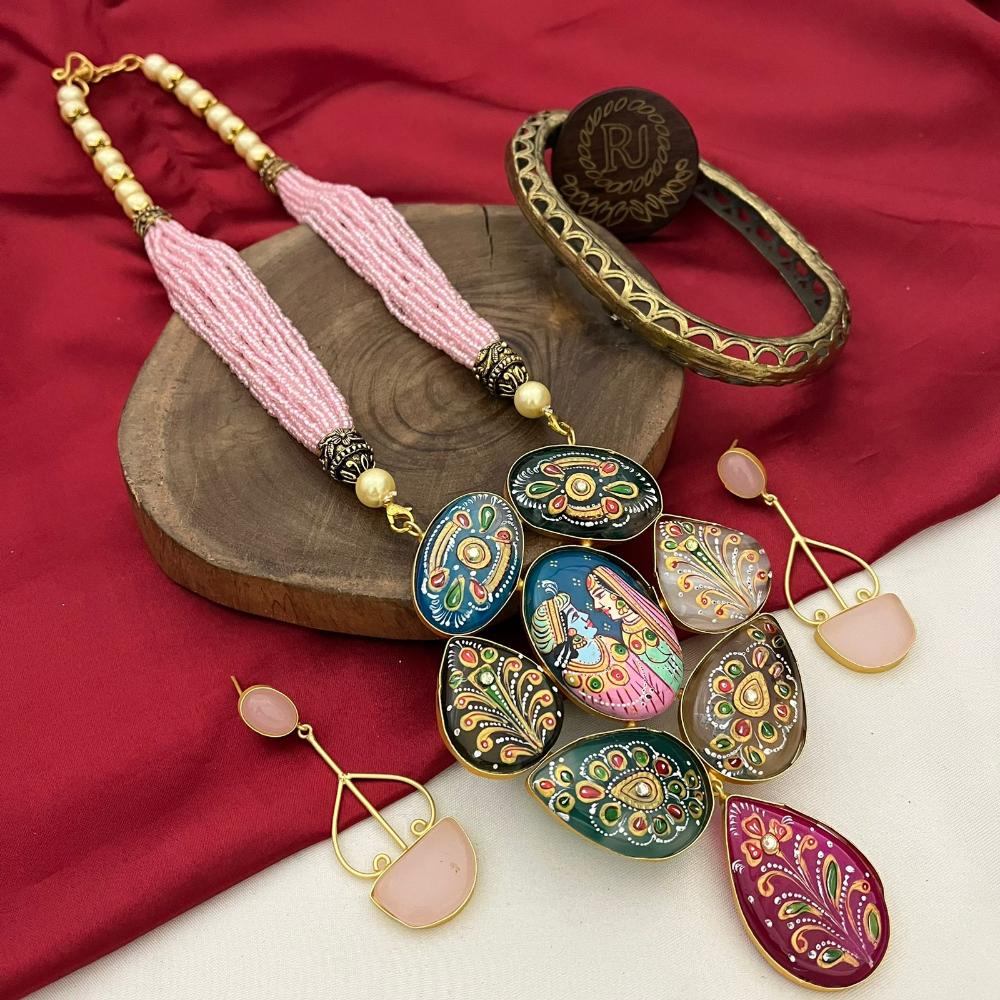 FS Collection Gold Plated Pota Stone And Pearl Long Necklace Set