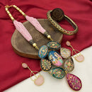 FS Collection Gold Plated Pota Stone And Pearl Long Necklace Set