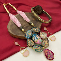 FS Collection Gold Plated Pota Stone And Pearl Long Necklace Set