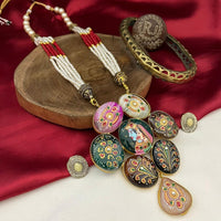 FS Collection Gold Plated Pota Stone And Pearl Long Necklace Set