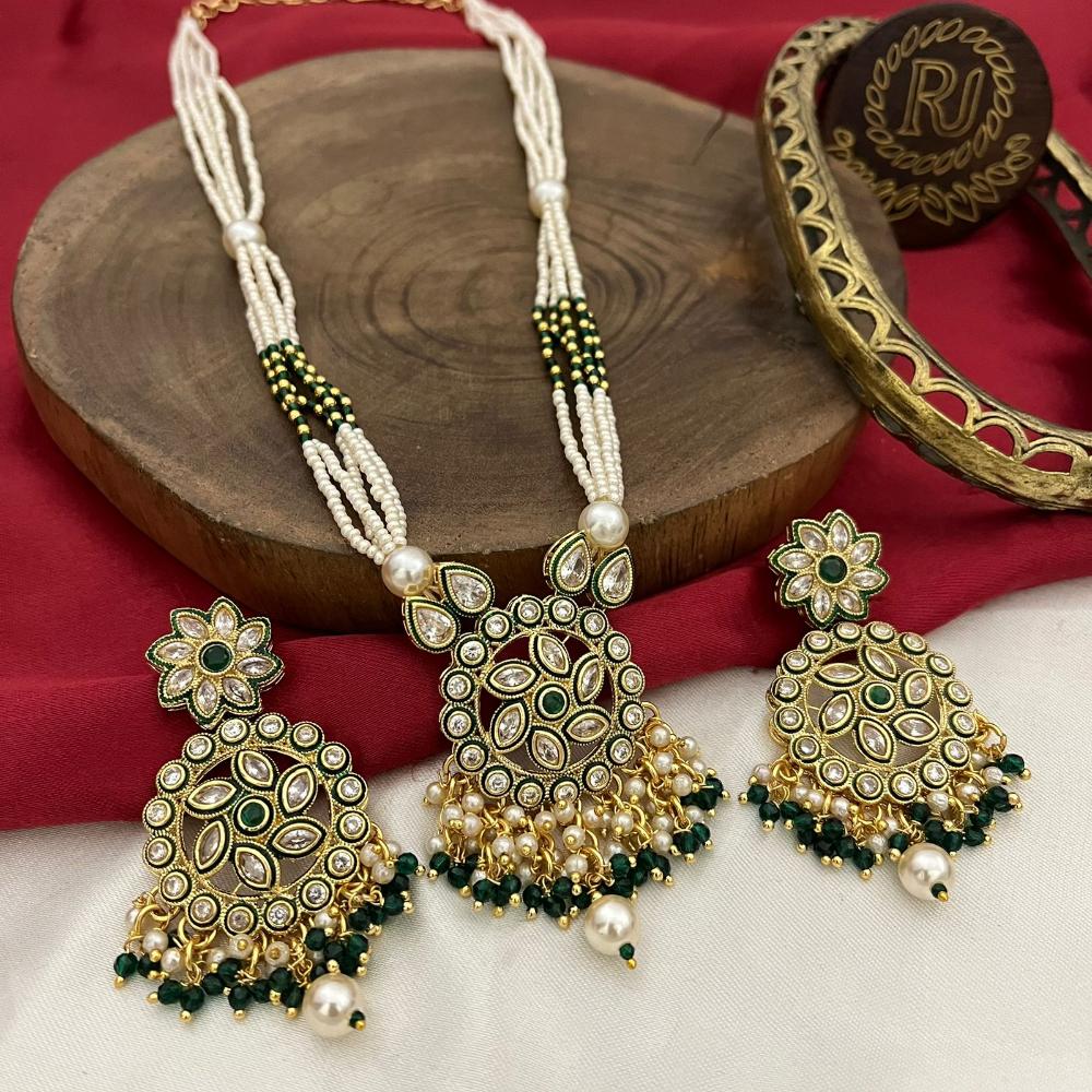 FS Collection Gold Plated Crystal Stone And Pearl Long Necklace Set