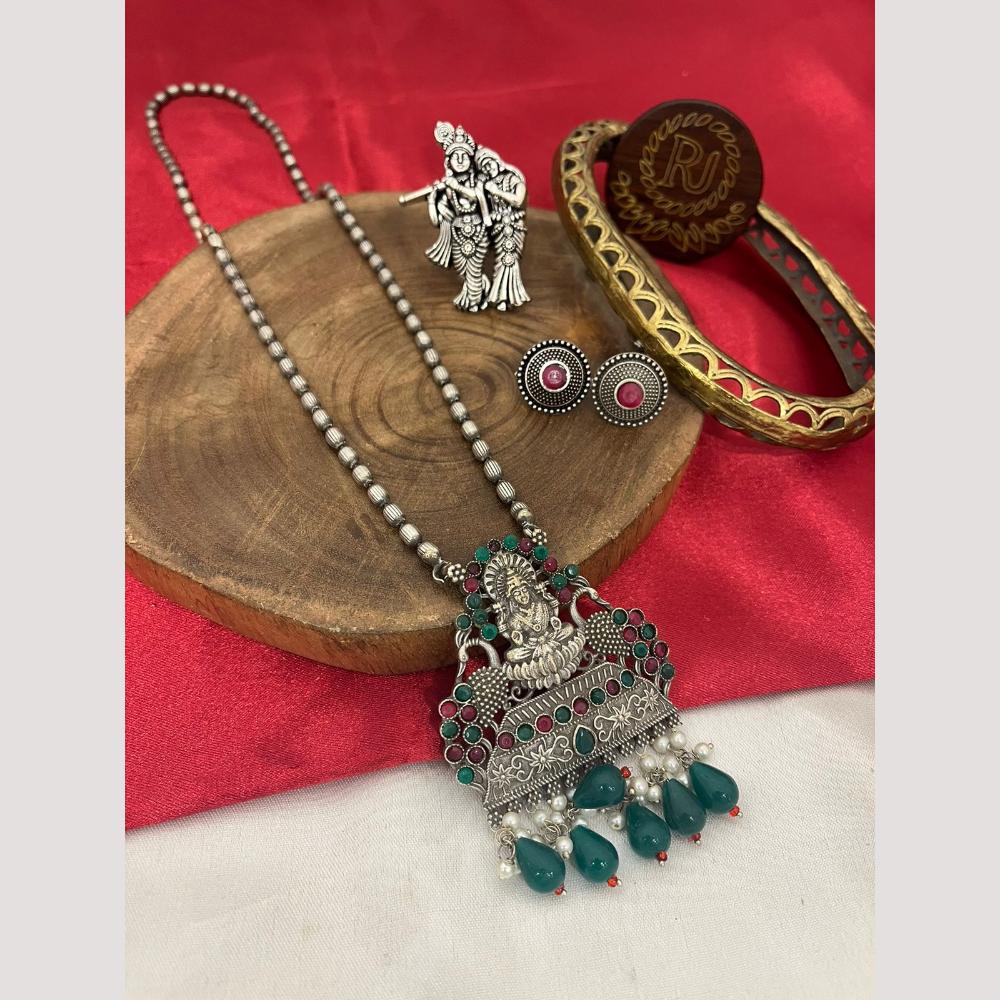 FS Collection Oxidised Plated Pota Stone And Pearls Temple Long Necklace Set