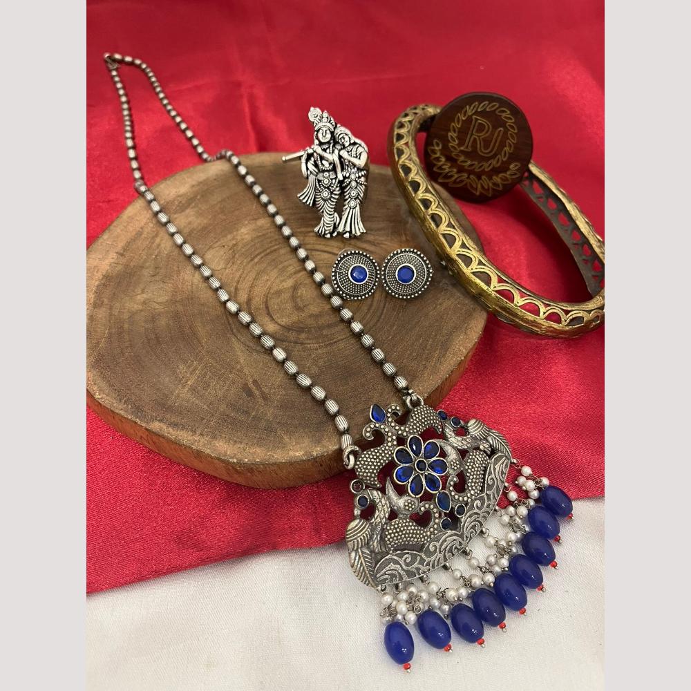 FS Collection Oxidised Plated Pota Stone And Pearls Temple Long Necklace Set