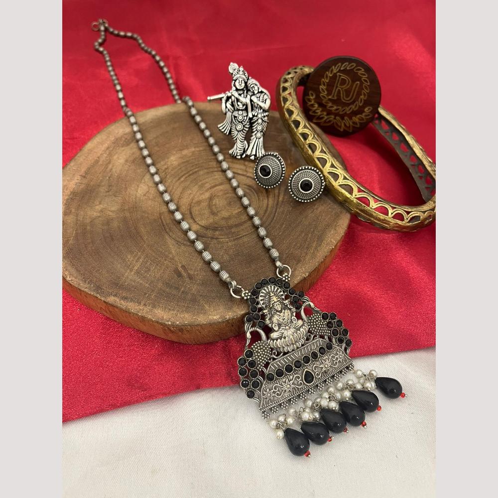 FS Collection Oxidised Plated Pota Stone And Pearls Temple Long Necklace Set