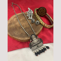 FS Collection Oxidised Plated Pota Stone And Pearls Temple Long Necklace Set